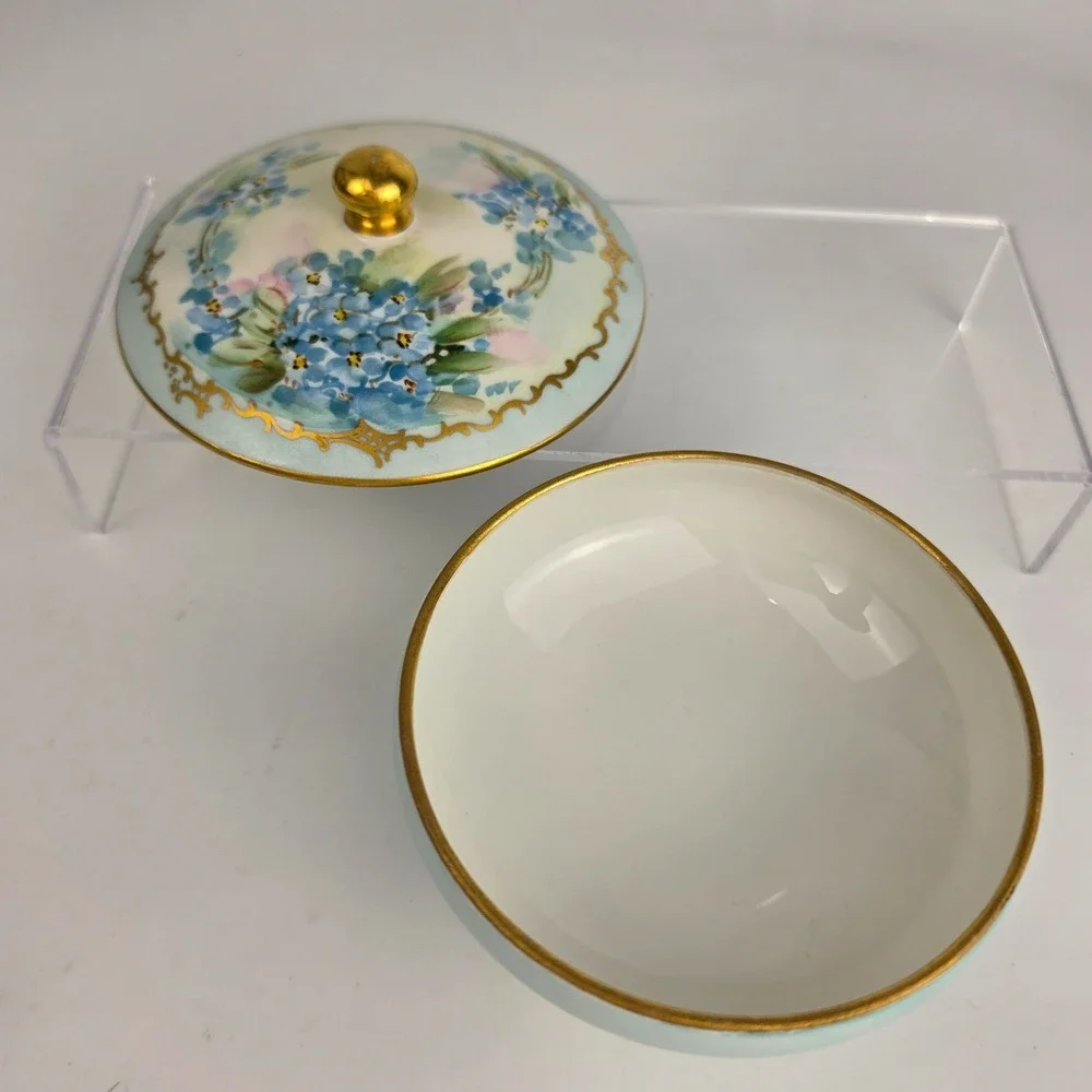 Antique Limoges B&Co France Vanity Set Tray Hair Receiver Forget Me Not Gold
